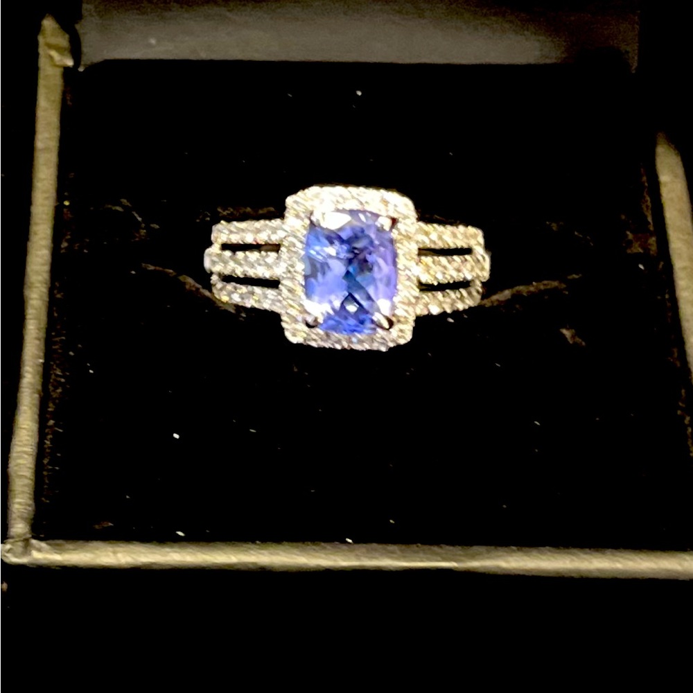 Two Carat 8mm Natural Tanzanite .49 Carats Diamond Ring 14k white gold.Size 6.25